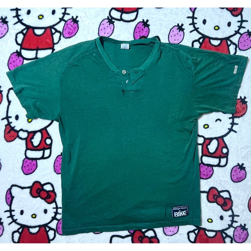 Vintage 80s Bike Henley T-Shirt Mens Green Single Stitch Made in USA 50/50